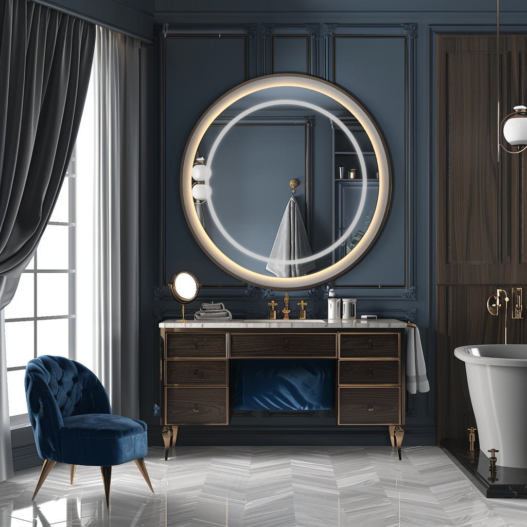 Opulent modern bathroom featuring a rich dark wood vanity, illuminated mirror, royal blue accent wall, marble herringbone flooring, and luxurious fixtures such as a freestanding tub and glass-enclosed shower.