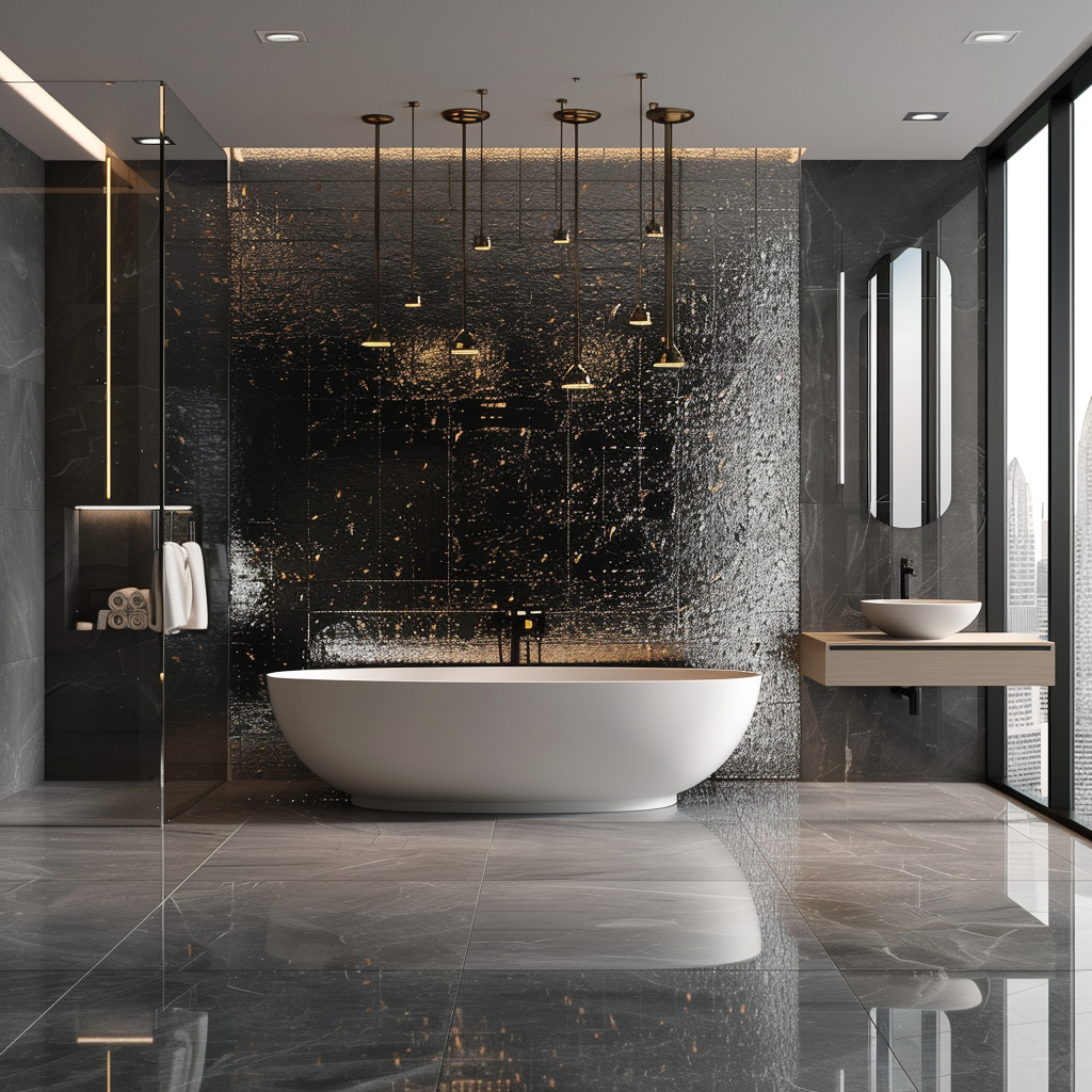 Modern luxurious bathroom with reflective metallic tiles, freestanding bathtub, floating vanity, and chrome fixtures, designed in cool tones and flooded with natural light.