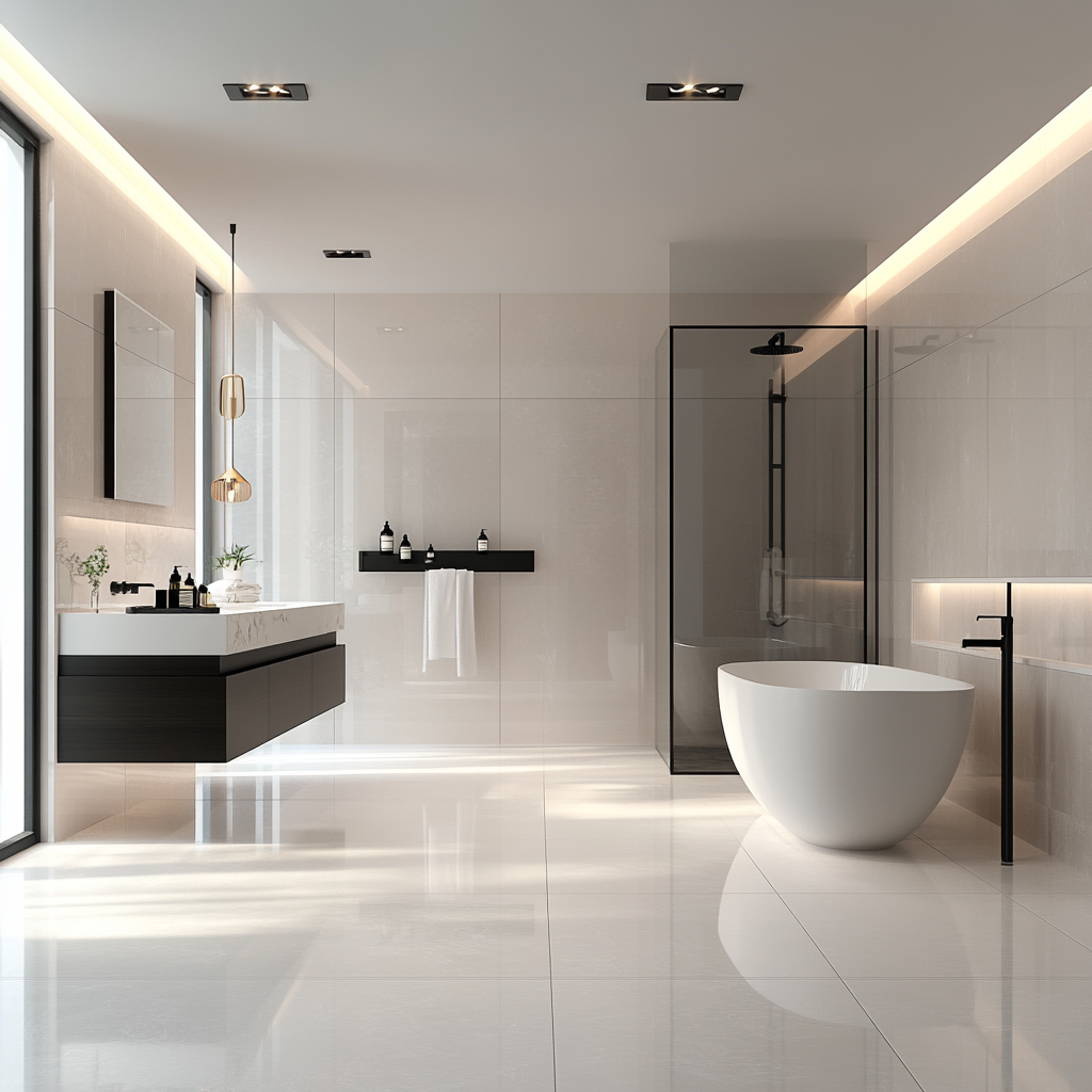 Modern luxury bathroom with a floating vanity, smart mirror, sculptural bathtub, frameless glass shower, and high-tech wall-mounted toilet. Features include polished porcelain tiles, natural wood accents, LED lighting, and advanced smart technology.