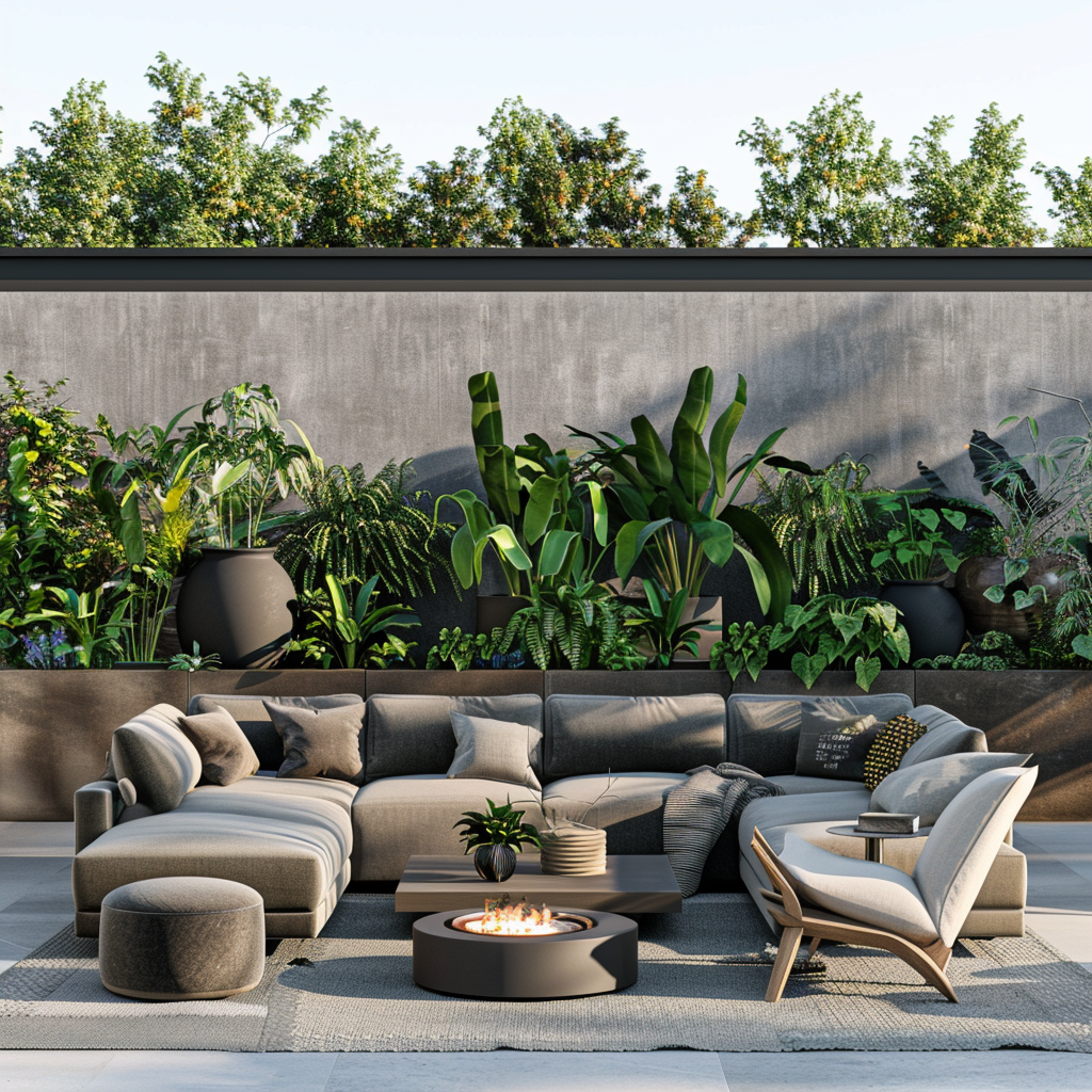 Composite image of a modern minimalist outdoor living room with a gray sectional sofa, black coffee table, and lounge chairs, surrounded by a curated selection of lush plants. The setting features cool grays, natural greens, deep blue accents, and is illuminated by natural and subtle artificial lighting.