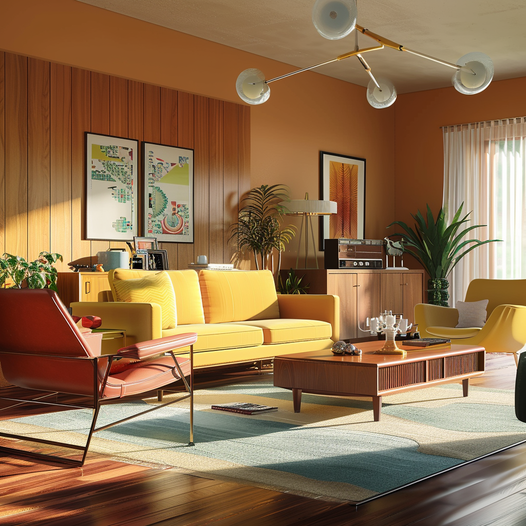 Photorealistic Mid-Century Modern living room interior in 8K resolution, showcasing iconic furniture and a warm color palette in natural light.