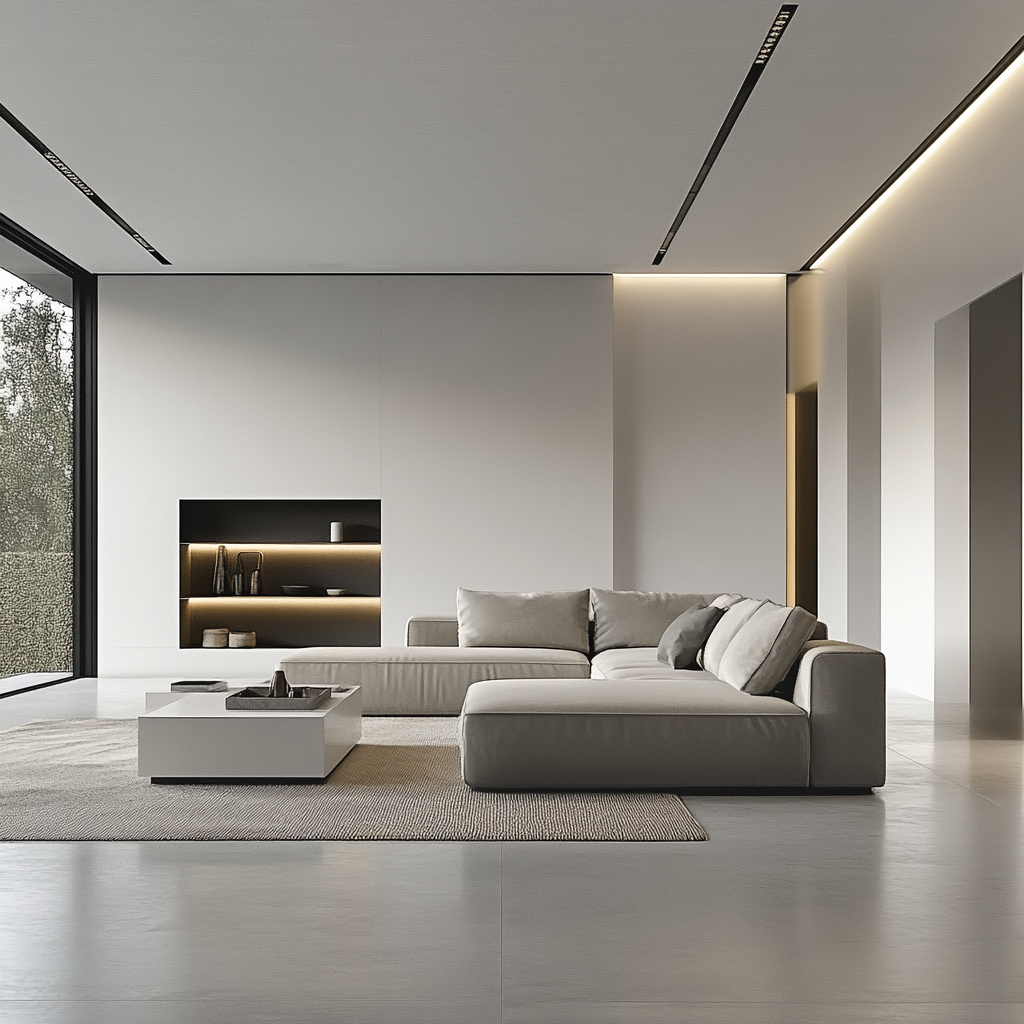 A photorealistic 8K image of a minimalist modern living room with innovative storage solutions, featuring a light gray sectional sofa, white coffee table with hidden drawers, floating shelves, and a built-in wall unit against a monochrome palette with subtle earth-toned accents.