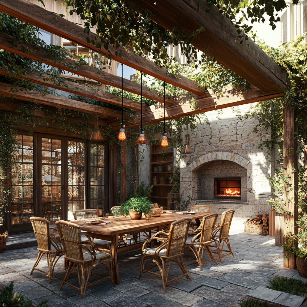 Photorealistic 8K rendering of a rustic outdoor patio with wooden dining table, handcrafted chairs, stone fireplace, and wooden beams. Overhead pergola with climbing ivy and hanging Edison bulb string lights.