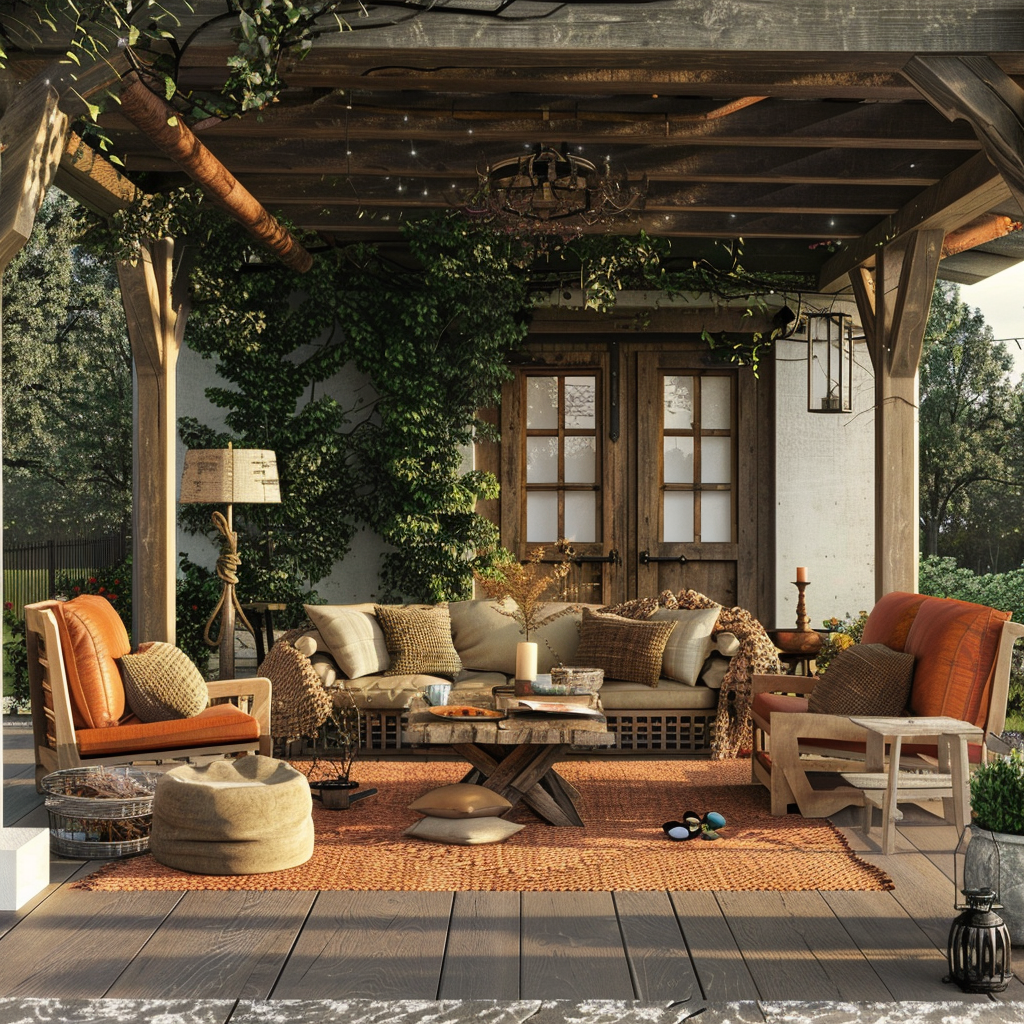 A serene rustic farmhouse outdoor living space in 8K resolution featuring distressed leather armchairs, a weathered farmhouse-style sofa, a reclaimed wood coffee table, and a repurposed barn door wall accent, all bathed in soft, natural golden-hour light.