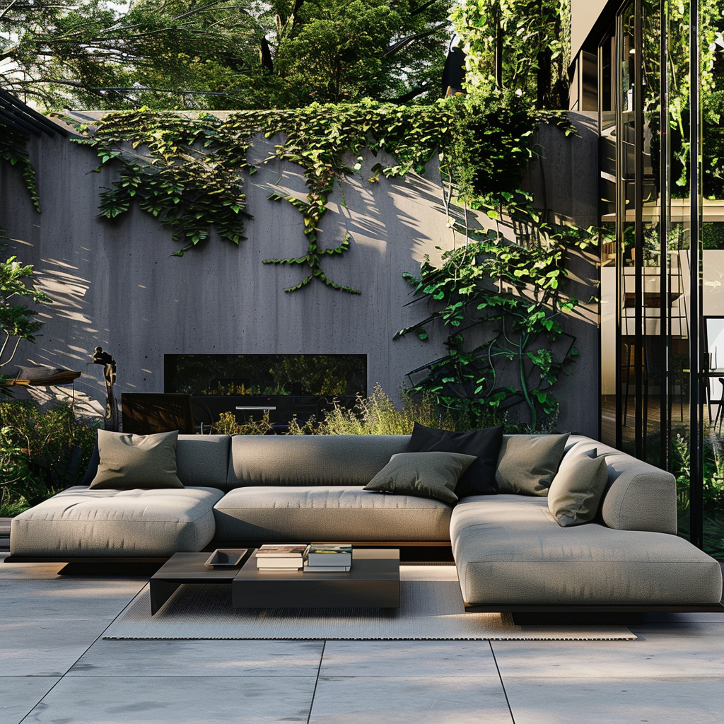 Photorealistic 8K image of a minimalist outdoor living room with a gray sectional sofa, black coffee table, lounge chairs, and vibrant plants. The scene features a modern color palette of cool grays, natural greens, and deep blues, with natural lighting and subtle artificial highlights. Unique elements such as a fire pit and water feature are included.