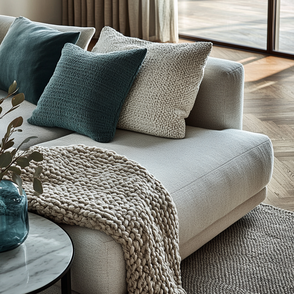 Close-up of a modern living room with light gray sectional sofa, black metal side table with white marble top, throw pillows in woven and teal velvet textures, chunky knit wool blanket, hardwood floor, wool area rug, and frosted glass vase with eucalyptus, all beautifully illuminated by natural light.