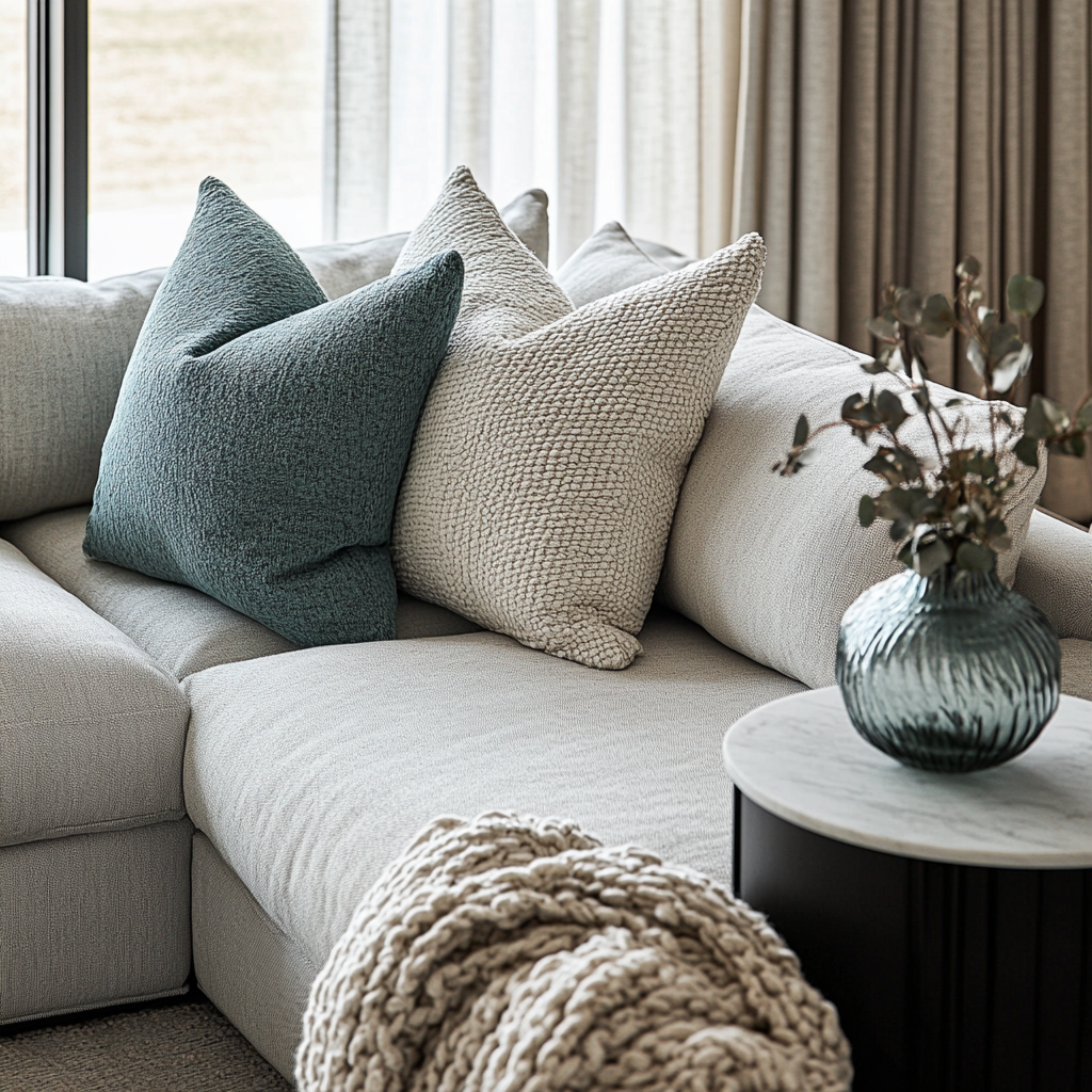 High-resolution close-up of a modern living room, featuring a light gray sectional sofa with nubby off-white and teal velvet throw pillows, a chunky knit wool blanket draped over the arm, a matte black metal side table with a white marble top and a frosted glass vase with eucalyptus branches. Natural light filters in from large windows, accentuating the textural contrast.