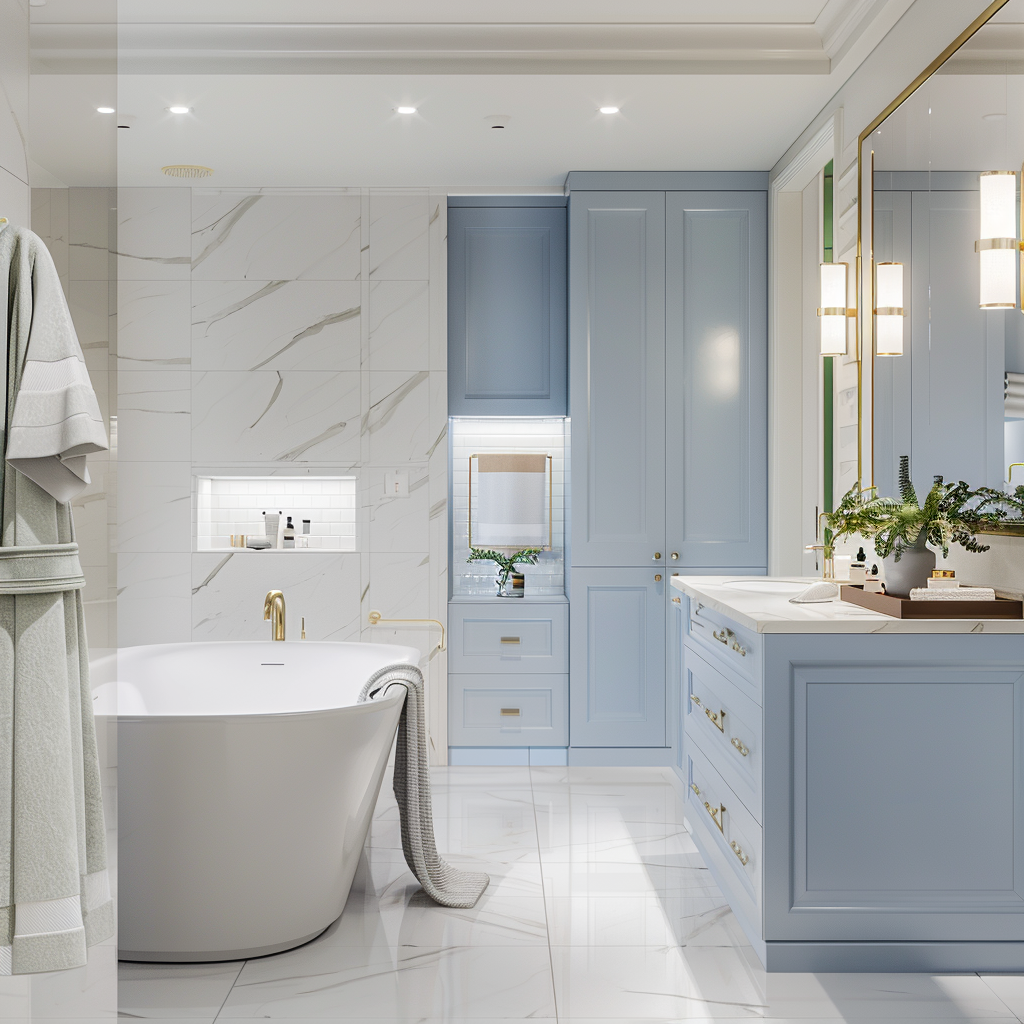 Photorealistic image of a luxury, contemporary minimalist bathroom with soft blue, gentle gray and creamy white tones, featuring a freestanding soaking tub, floating vanity, natural and artificial lighting, honed marble tiles, and a wall-mounted frameless mirror accented by indoor plants.