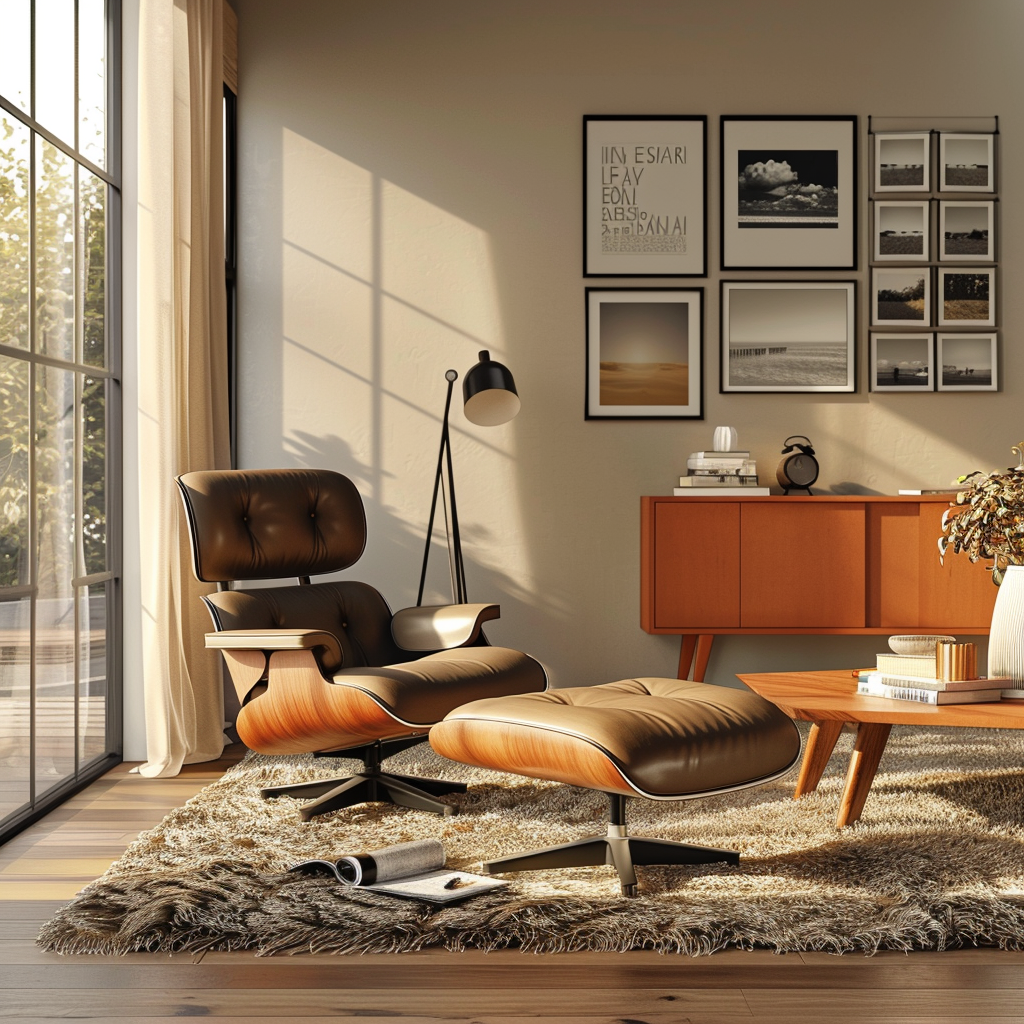 Eames lounge chair with ottoman in a mid-century modern living room, featuring warm neutral tones, a walnut coffee table, mid-century sofa, credenza, and natural light through large windows, complemented by subtle artificial lighting.