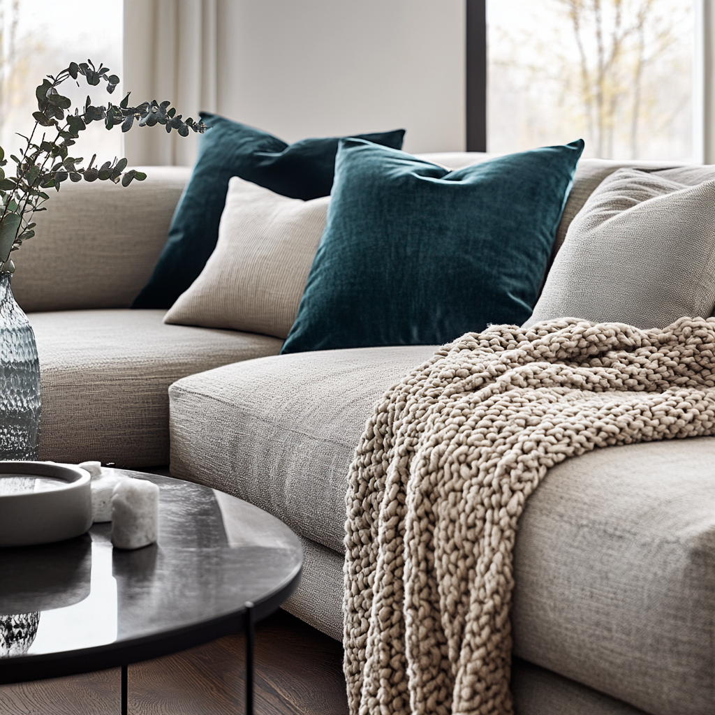 Close-up of a modern living room featuring a light gray sectional sofa with textured throw pillows and a knit blanket, a black metal side table with a white marble top, natural light, and various textures.