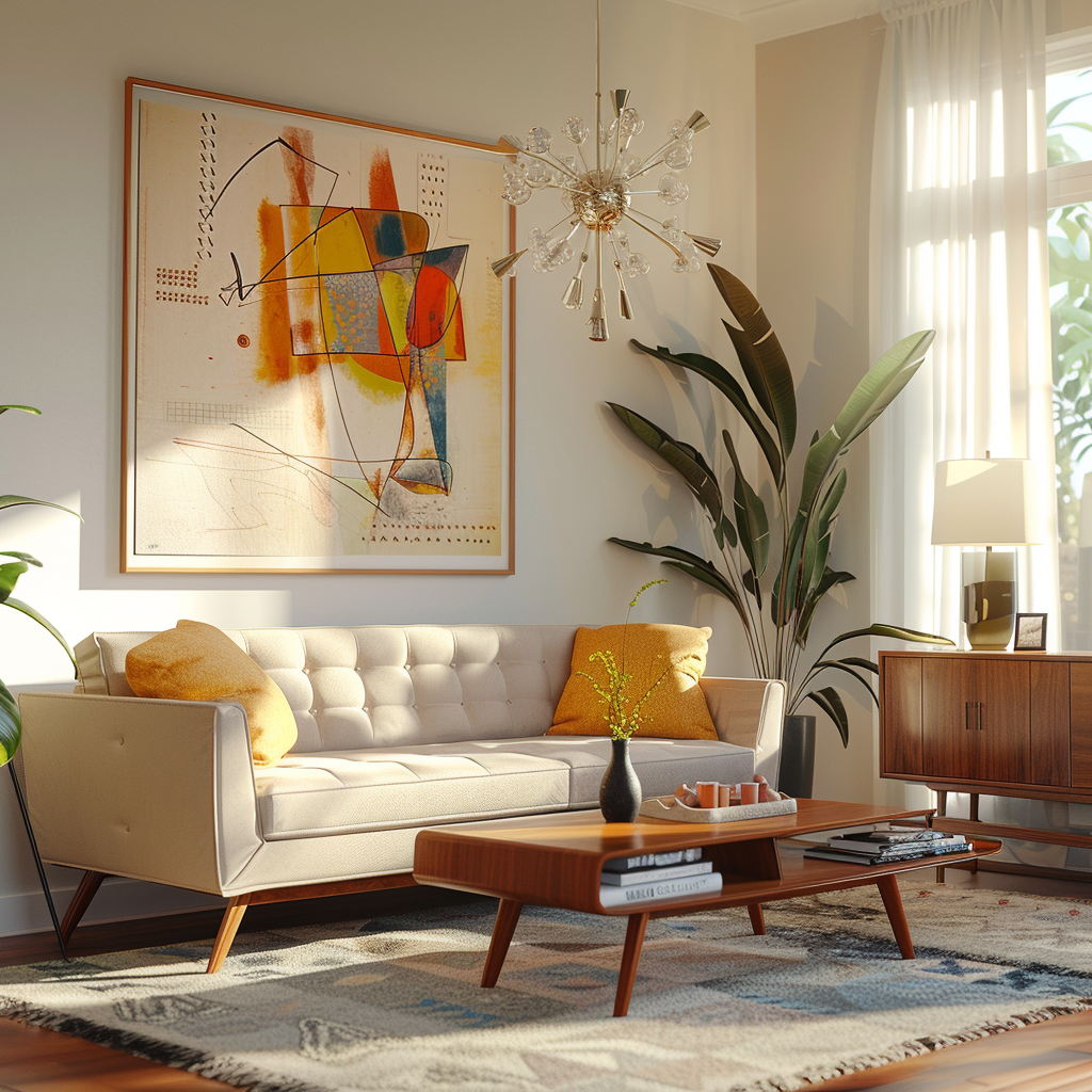 Photorealistic mid-century modern living room with clean lines, vibrant accents like mustard yellow and teal, a tufted sofa, wooden coffee table, geometric sideboard, Sputnik chandelier, large windows with sheer curtains, and an abstract painting. Captured in 8K during golden hour.