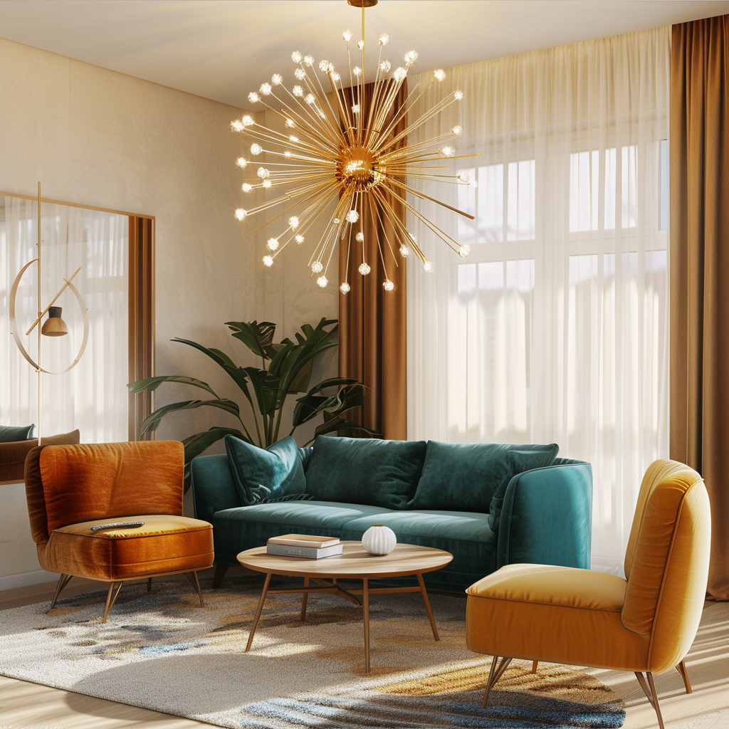 Sophisticated mid-century modern living room with a teal velvet sofa, mustard armchairs, walnut coffee table, and Sputnik chandelier, captured in photorealistic detail.