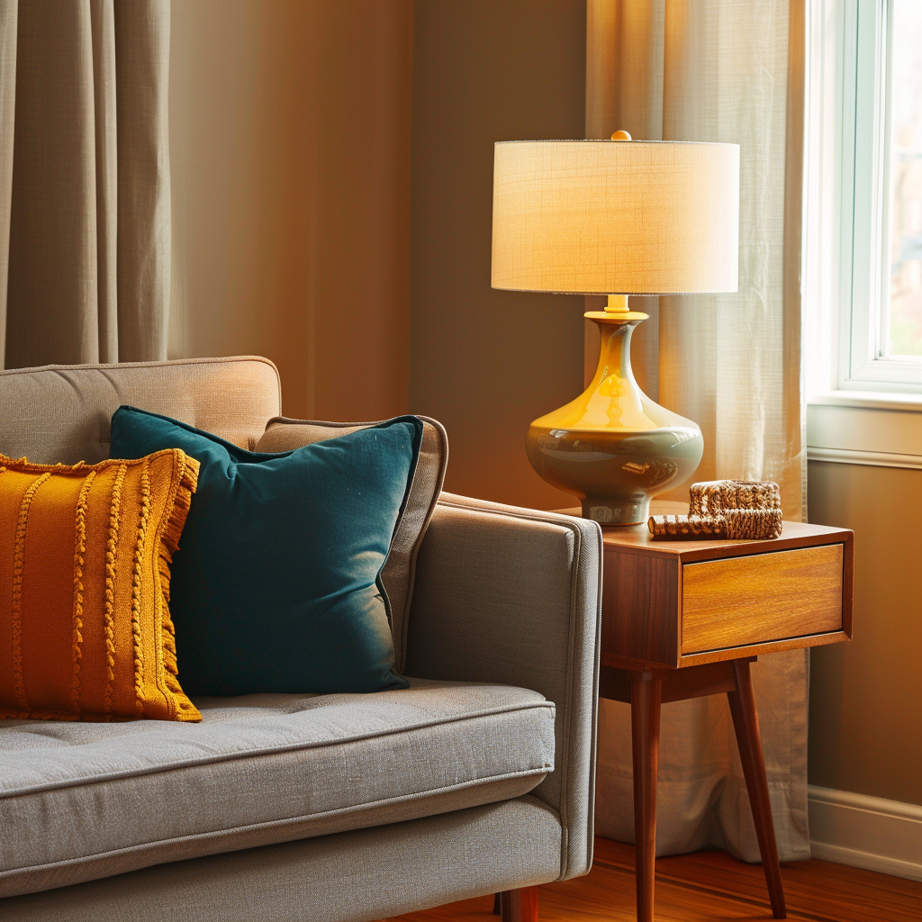 Mid-century modern living room with a sculptural table lamp on a walnut side table, grey sofa, mustard yellow and teal accents, natural light, and polished design elements