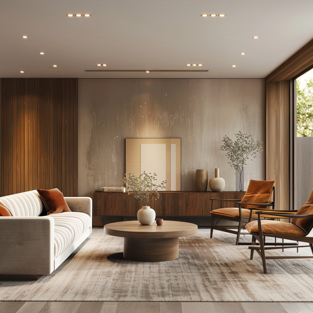 Mid-century modern living room with recessed lighting, featuring clean lines, neutral tufted sofa, Eames lounge chairs, walnut coffee table, and a minimalist media unit. The room has a sophisticated color palette with natural light streaming through floor-to-ceiling windows.