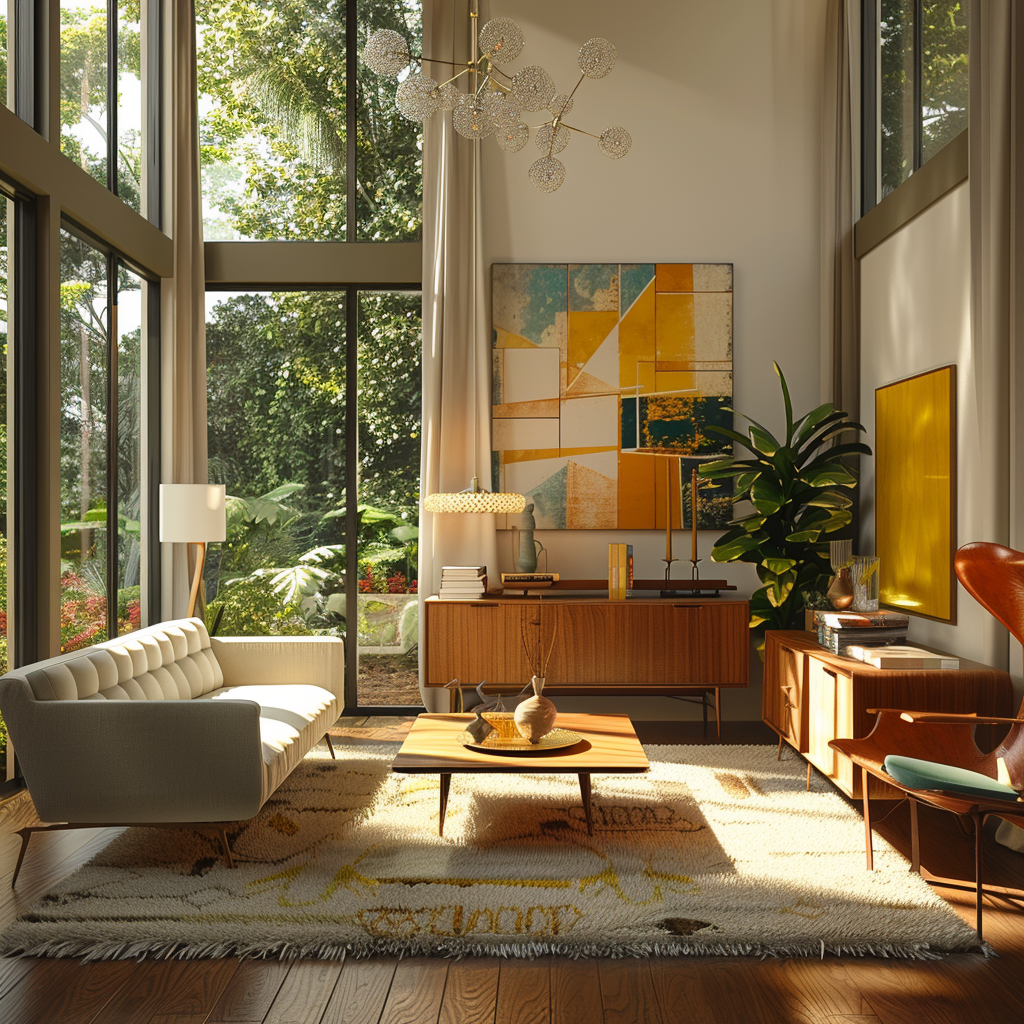 Photorealistic image of a mid-century modern living room with a sleek sofa, wooden coffee table, geometric sideboard, Sputnik chandelier, large windows with sheer curtains, shaggy wool rug, and a mix of neutral tones and vibrant accents.