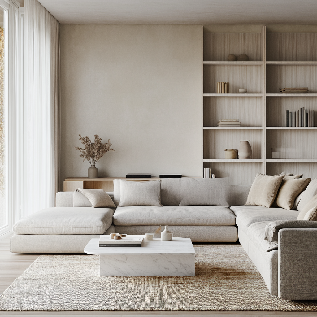 Photorealistic modern living room featuring neutral colors, a sleek sectional sofa, marble coffee table, sand-toned armchairs, and a white oak bookshelf, all bathed in soft natural light.