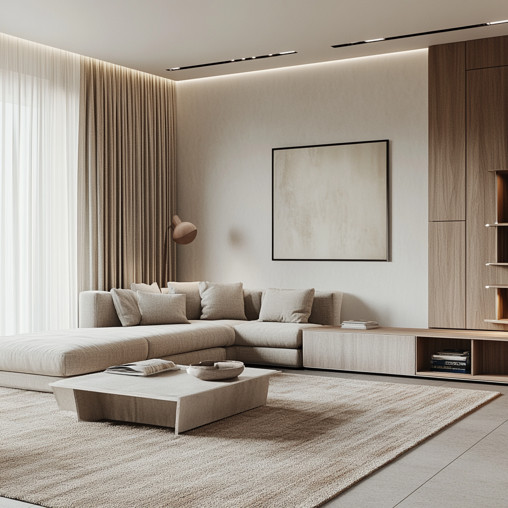 Photorealistic image of a modern minimalist living room featuring a light grey modular sofa, wall-mounted entertainment unit, geometric natural wood coffee table, and a functional bookshelf. The room is styled with a neutral color palette of white, beige, grey, and muted blue, with natural light streaming through sheer curtains. The polished concrete or white marble floor, woolen area rug, and sculptural floor lamp add texture and visual interest. The image is shot in 8K resolution with a full-frame DSLR, capturing the space with sharp focus and realistic lighting.