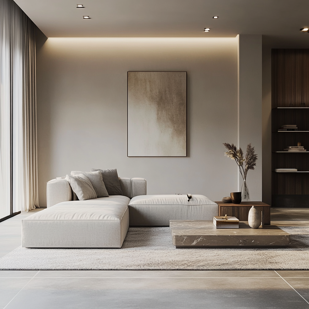 A detailed photorealistic modern living room featuring a minimalist design with a light grey modular sofa, natural wood geometric coffee table, and an artistic bookshelf. The room is bathed in natural light from a large window with sheer curtains, complemented by recessed ceiling lights. Smooth concrete or marble flooring and a woolen area rug add texture, while a sculptural floor lamp serves as a focal point. The space emphasizes neutral tones of white and beige with accents of grey and muted blue, showcasing both aesthetic and functional decor.