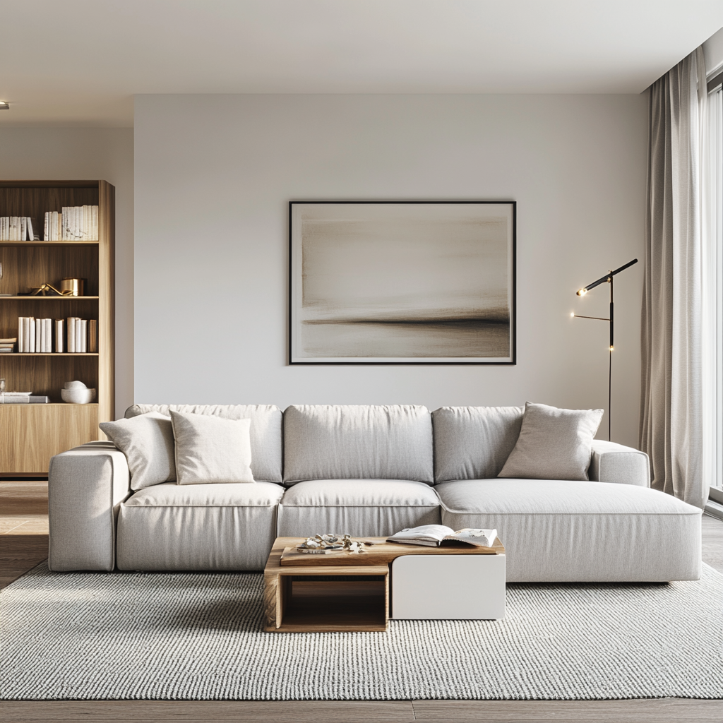 Photorealistic interior of a modern, minimalist living room with a light grey modular sofa, natural wood coffee table, wall-mounted entertainment unit, and a functional bookshelf. The room features a white, beige, grey, and muted blue color palette, illuminated by natural and recessed lighting. The space includes polished concrete or white marble flooring, a woolen area rug, and artistic decor elements like a sculptural floor lamp and abstract painting. Captured in 8K resolution for a detailed and sharp aesthetic.