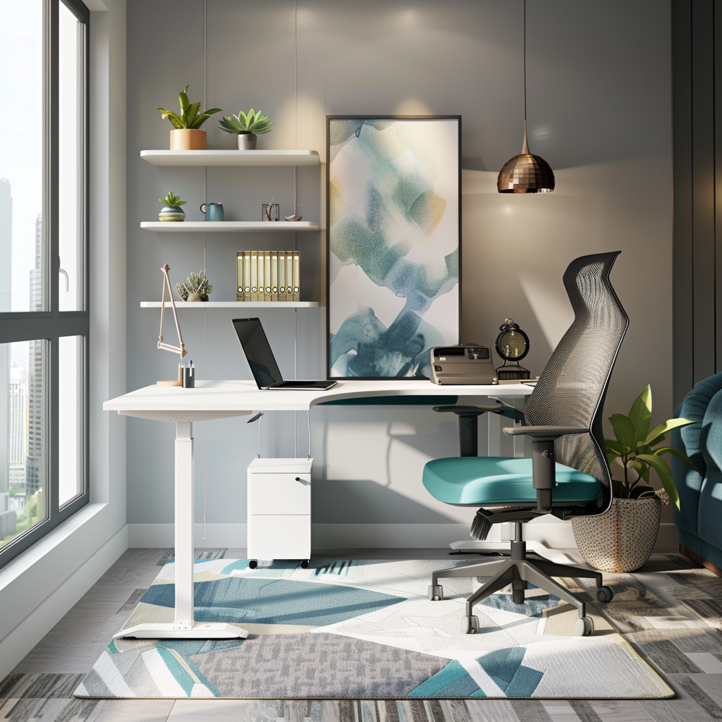 Photorealistic modern chic small office with sleek white standing desk, ergonomic charcoal mesh office chair, vibrant blue and green accents, potted succulents, abstract wall art, geometric-patterned rug, and plush teal velvet armchair.