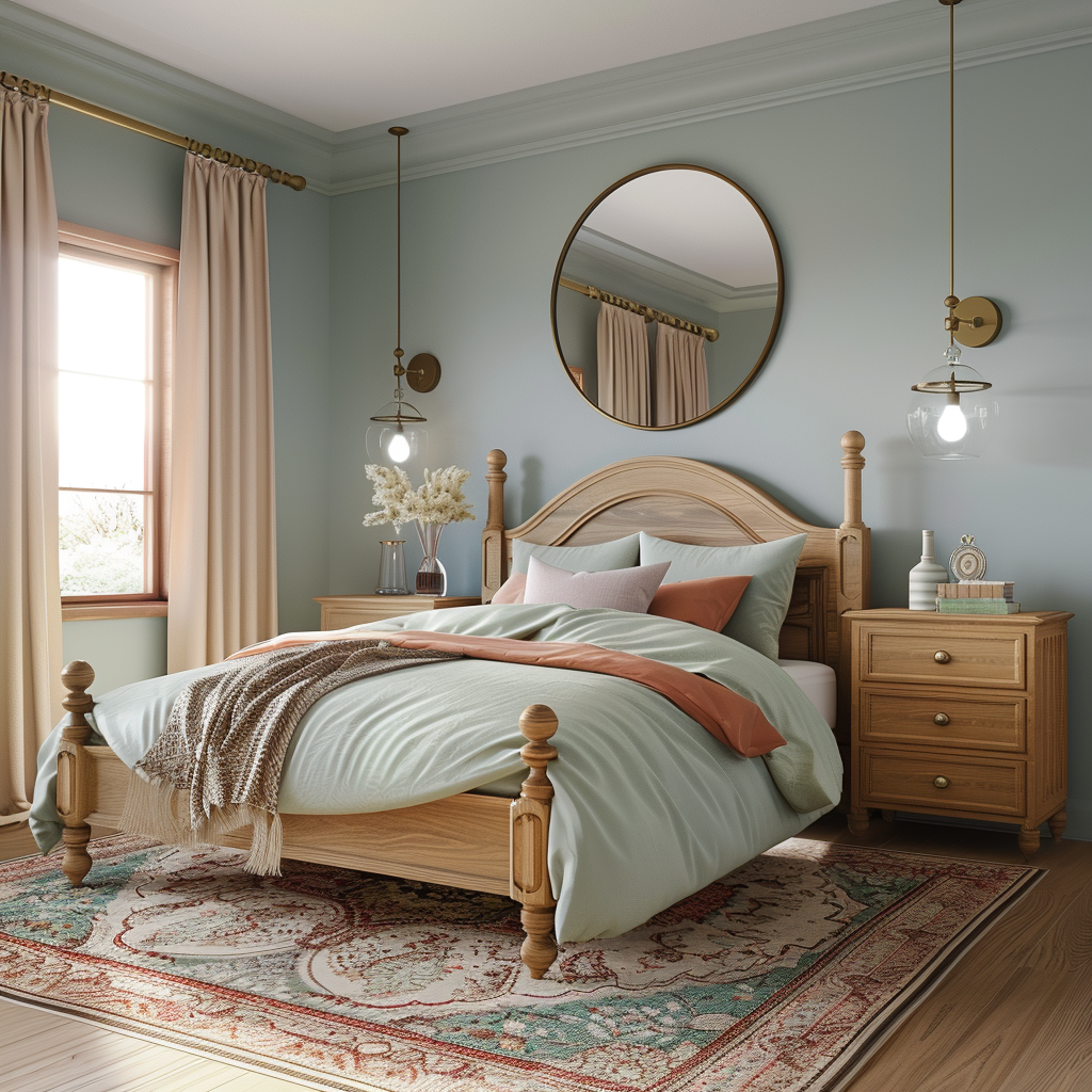 Modern minimalist bedroom featuring refinished thrift store furniture including a vintage wooden bed, mismatched nightstands, and a refurbished dresser, bathed in natural daylight from large windows with sheer white curtains, complemented by soft pastel colors and minimalist pendant lights.