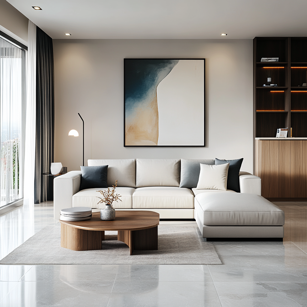 Modern minimalist living room with light grey modular sofa, wall-mounted entertainment unit, geometric coffee table in natural wood, and artistic bookshelf. Neutral color palette of white and beige with accents of grey and muted blue. Natural light and recessed ceiling lights create a warm, inviting atmosphere. Photographed in 8K resolution, showcasing realistic textures and detailed finishes.