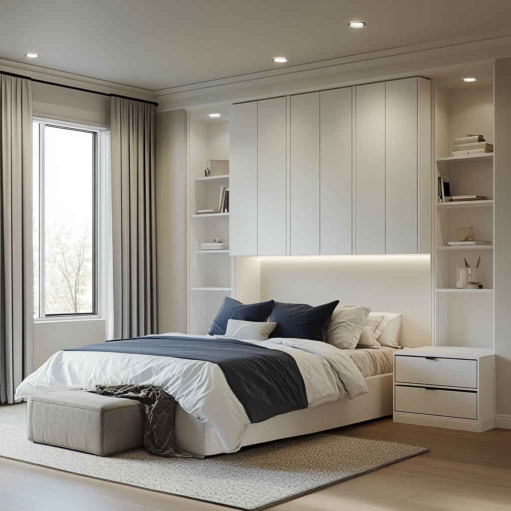 Modern minimalist small bedroom with queen-sized bed featuring built-in drawers, floating nightstands, a handle-free wardrobe, an ottoman with storage, and large windows with light-filtering curtains. The color scheme includes whites, greys, and navy blue accents, with textures like linens, matte surfaces, and wood grains, under soft natural and recessed LED lights.