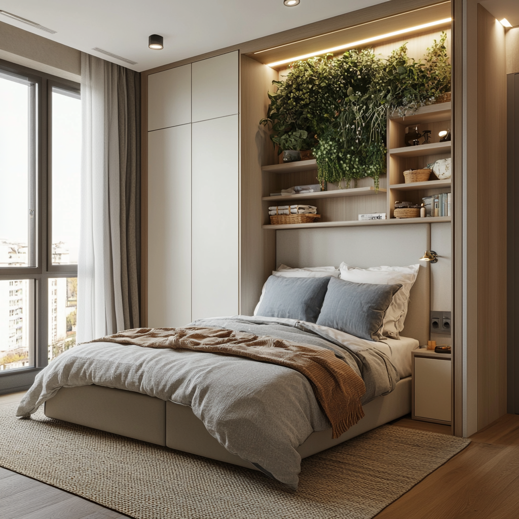 Photorealistic image of a small, modern-minimalist bedroom for a couple, featuring a Murphy bed, floating bedside table, wall-mounted shelves, a sleek wardrobe, a tall mirror, natural and LED lighting, and a vertical garden, all in a neutral color palette with earth tone accents.