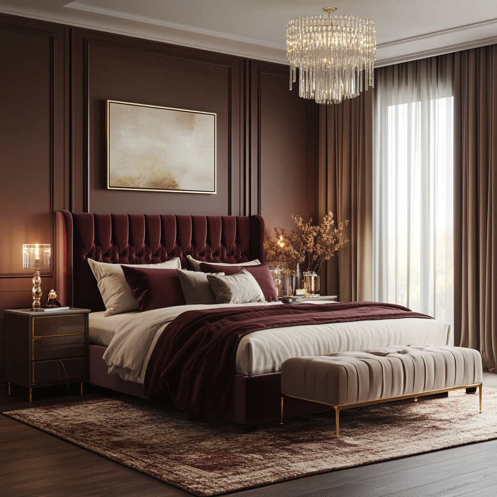 Photorealistic interior of an upscale modern minimalist bedroom with a king-sized bed, velvet headboard, walnut nightstands, contemporary dresser with a grand mirror, burgundy and gold accents, and a crystal chandelier, illuminated by soft artificial lighting and candles.