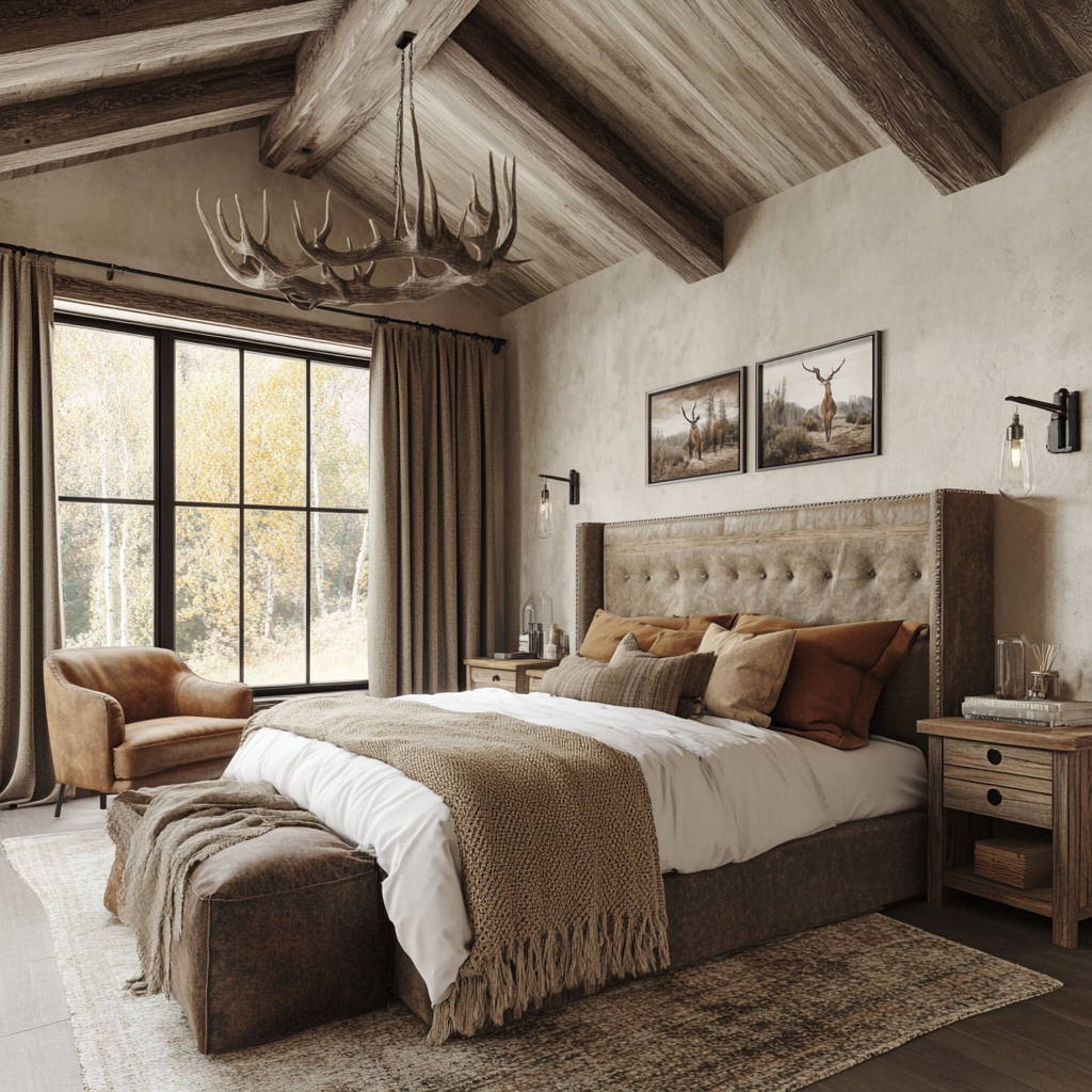 Photorealistic modern rustic bedroom with reclaimed wood bed frame, vintage leather armchair, distressed wood nightstand, large wood-framed windows, wrought iron sconces, antler chandelier, chunky knit throws, burlap curtains, woolen rugs, stone fireplace, and repurposed wood beam ceiling.