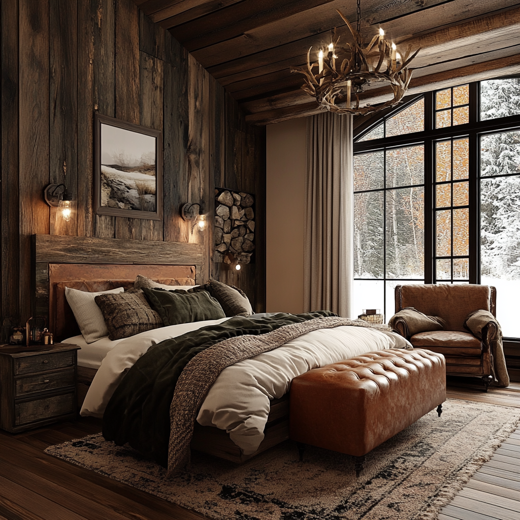 A photorealistic image of a modern rustic bedroom featuring a reclaimed wood bed frame, vintage leather armchair, and distressed wood nightstand with natural lighting streaming through wood-framed windows, accented by chunky knit throws, burlap curtains, and woolen rugs in earthy tones.