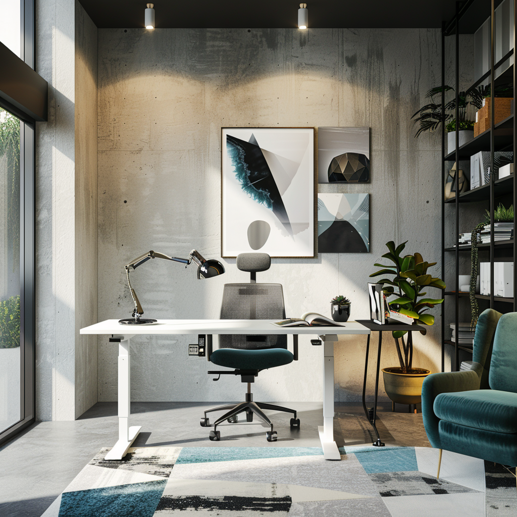 Modern small office with chic minimalist decor, featuring a white standing desk, ergonomic charcoal chair, geometric rug, and teal velvet armchair. The room is well-lit with natural light and stylish lamps, accented with blues and greens, and decorated with succulents and abstract art.