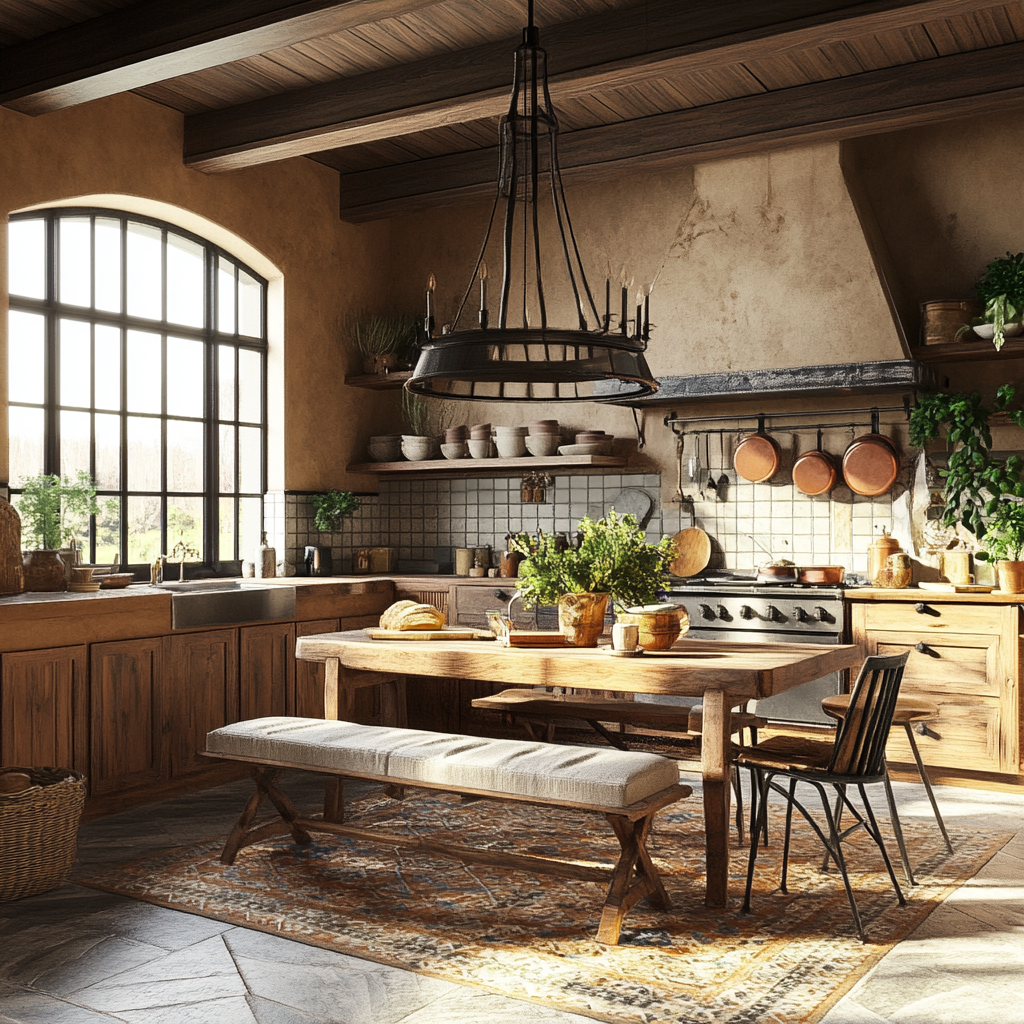 Photorealistic image of a warm-toned rustic kitchen with chic decor, featuring earthy tones, a distressed wood farmhouse table, a wrought-iron chandelier, ample natural lighting, and key elements like a vintage range hood, apron-front sink, and open shelving with pottery and plants.