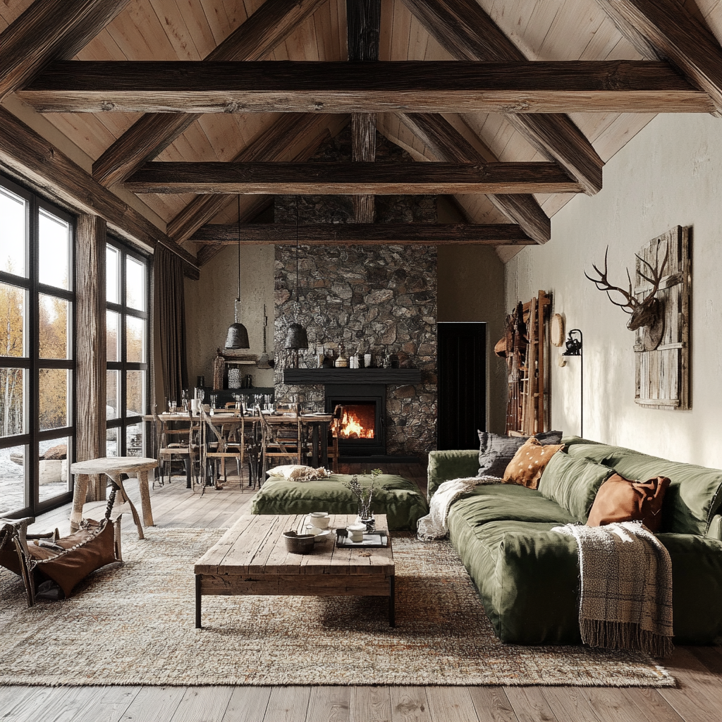 Interior view of a rustic two-bedroom house with exposed wooden beams, stone fireplace, earthy color palette, and modern amenities. The living room features a green sectional sofa, wooden coffee table, and large windows. Dining area has a farmhouse table with mismatched chairs. Bedrooms have wrought iron bed frames with quilted comforters. Photorealistic 8K resolution, captured with natural and warm artificial lighting.