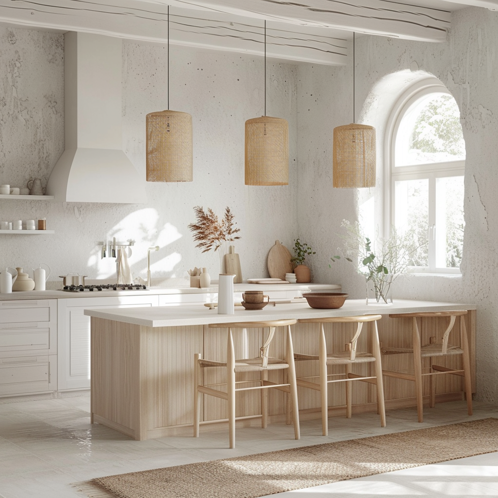 Photorealistic 8K image of a bright Scandinavian kitchen with minimalist decor, featuring streamlined cabinetry, a central island with white quartz countertop, Scandinavian-style chairs, large windows, and natural light.