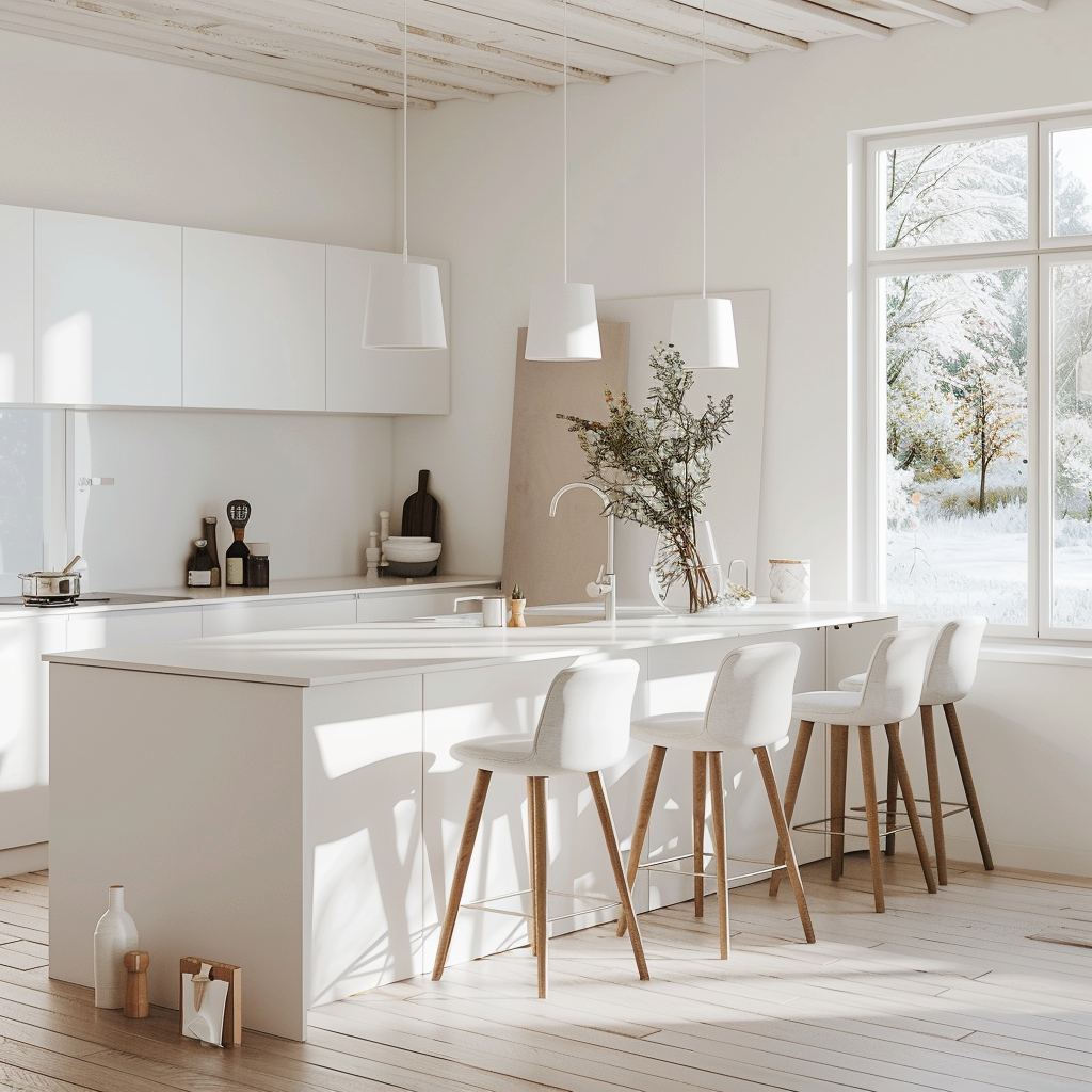 Photorealistic image of a bright Scandinavian kitchen featuring minimalist decor in a modern style with natural light, neutral palette, natural wood tones, and subtle accent colors.