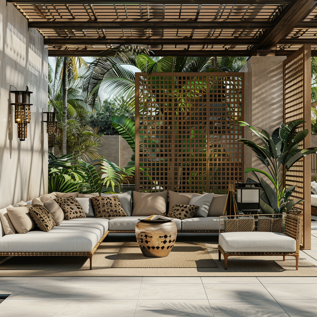 Creating secluded outdoor living room space with stylish design, strategic furniture placement, harmonious color palette, optimal lighting, rich textures, and distinctive focal features.