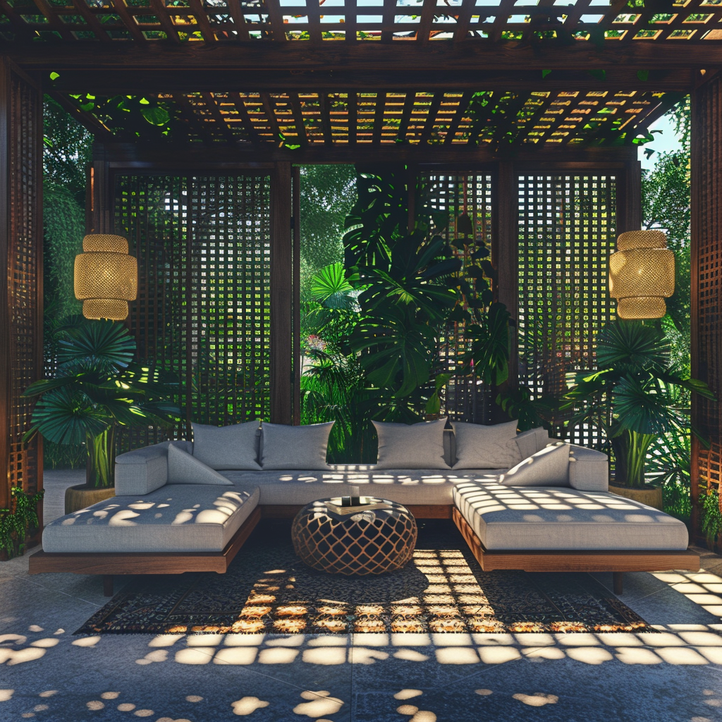 An inviting and secluded outdoor living room space designed for privacy, showcasing stylish furniture and tranquil ambiance.