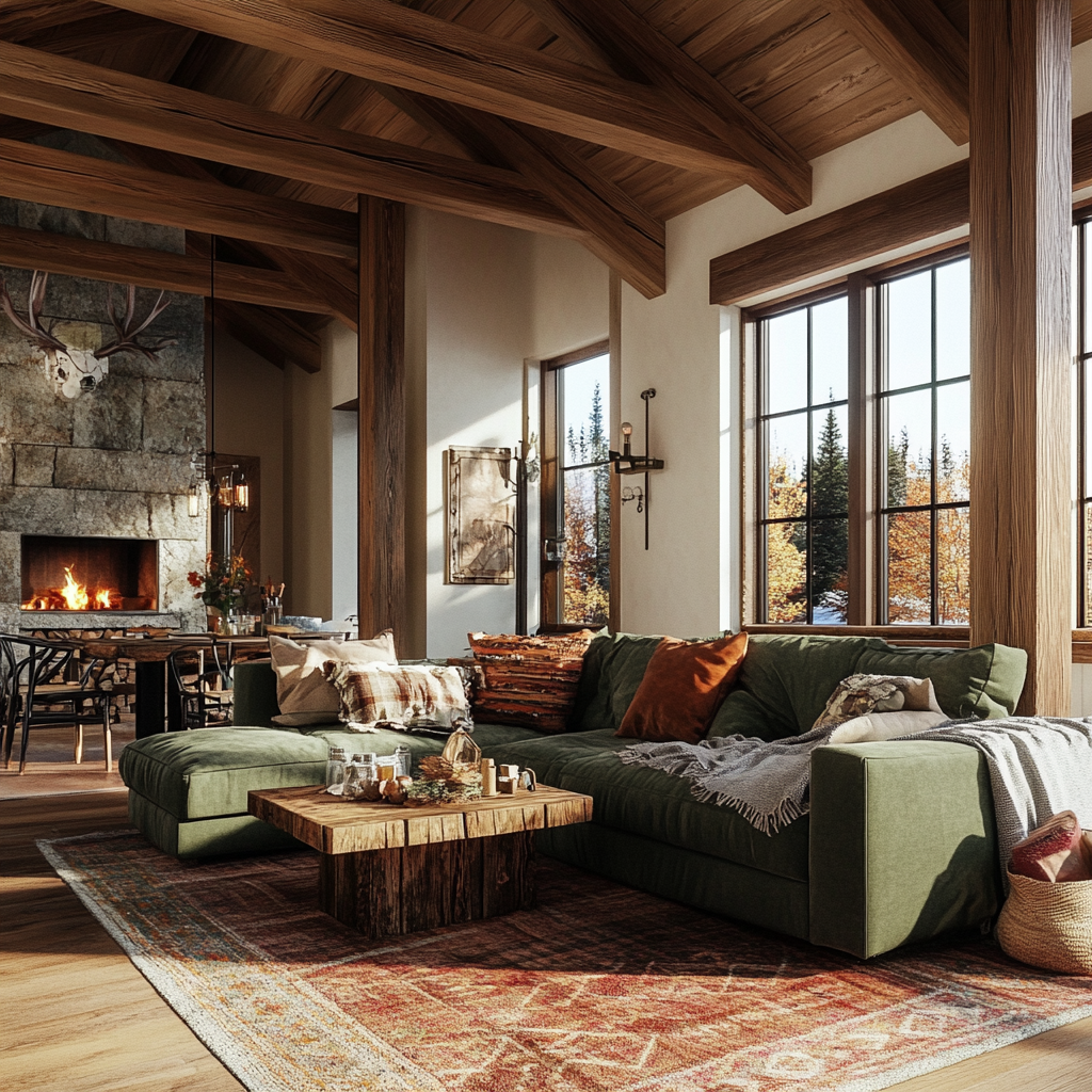 Interior view of a rustic 2-bedroom house with exposed wooden beams, earthy tones, and modern amenities. Featuring a sectional sofa, wood coffee table, farmhouse dining table, wrought iron bed frames, stone fireplace, and large paneled windows with natural and warm artificial lighting.