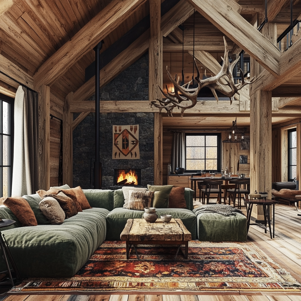 Interior view of a rustic 2-bedroom house featuring exposed wooden beams, earthy tones, a green sectional sofa, natural edge wood coffee table, farmhouse dining table, wrought iron bed frames, and a stone fireplace. Flooded with natural light through large windows and accented with warm-toned artificial lighting.