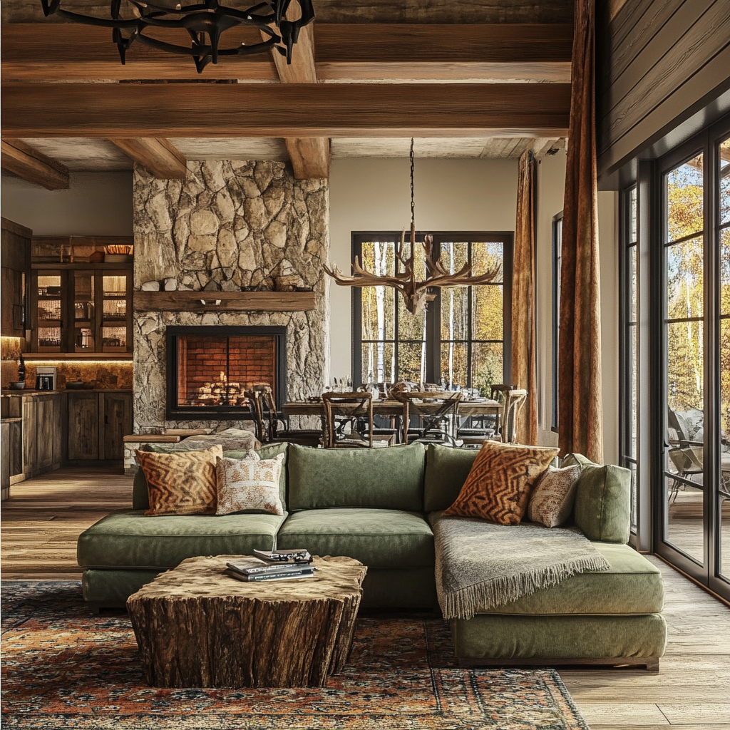 Interior view of a 2-bedroom house with a rustic design, featuring exposed wooden beams, a green sectional sofa, a natural wood coffee table, a stone fireplace, large windows, and earthy tones.