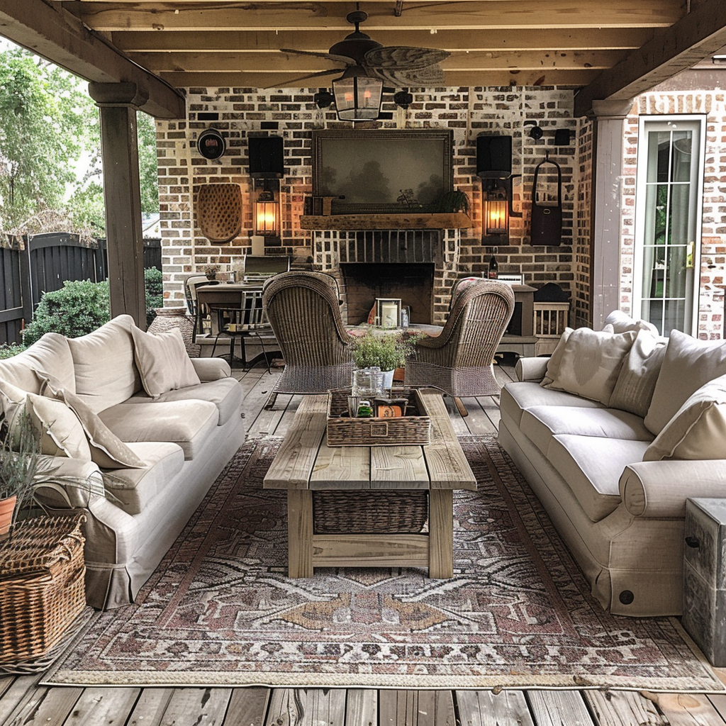 Outdoor living room with Rustic Charm and Farmhouse Flair, featuring distressed wooden furniture, wicker chairs, a vintage metal lantern, and a fire pit centerpiece.