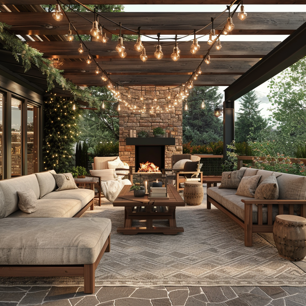 Serene outdoor living room with rustic charm and modern farmhouse design, featuring earthy tones, reclaimed wooden furniture, plush linen seating, throw pillows, string lights, chandelier, and a fieldstone fireplace, nestled in a tranquil countryside setting.