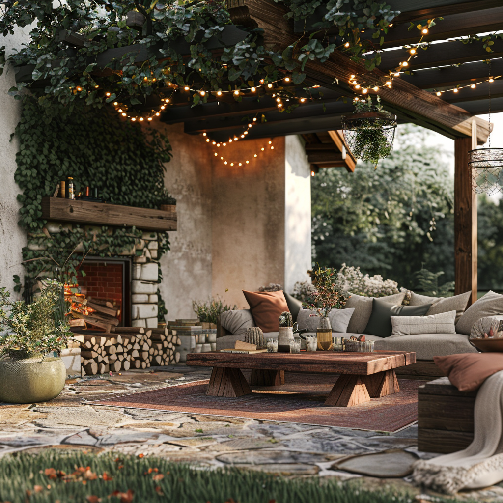 Serene outdoor living room with rustic charm and modern farmhouse style, featuring reclaimed wooden furniture, plush seating, and string lights under a wooden pergola in a tranquil countryside setting.