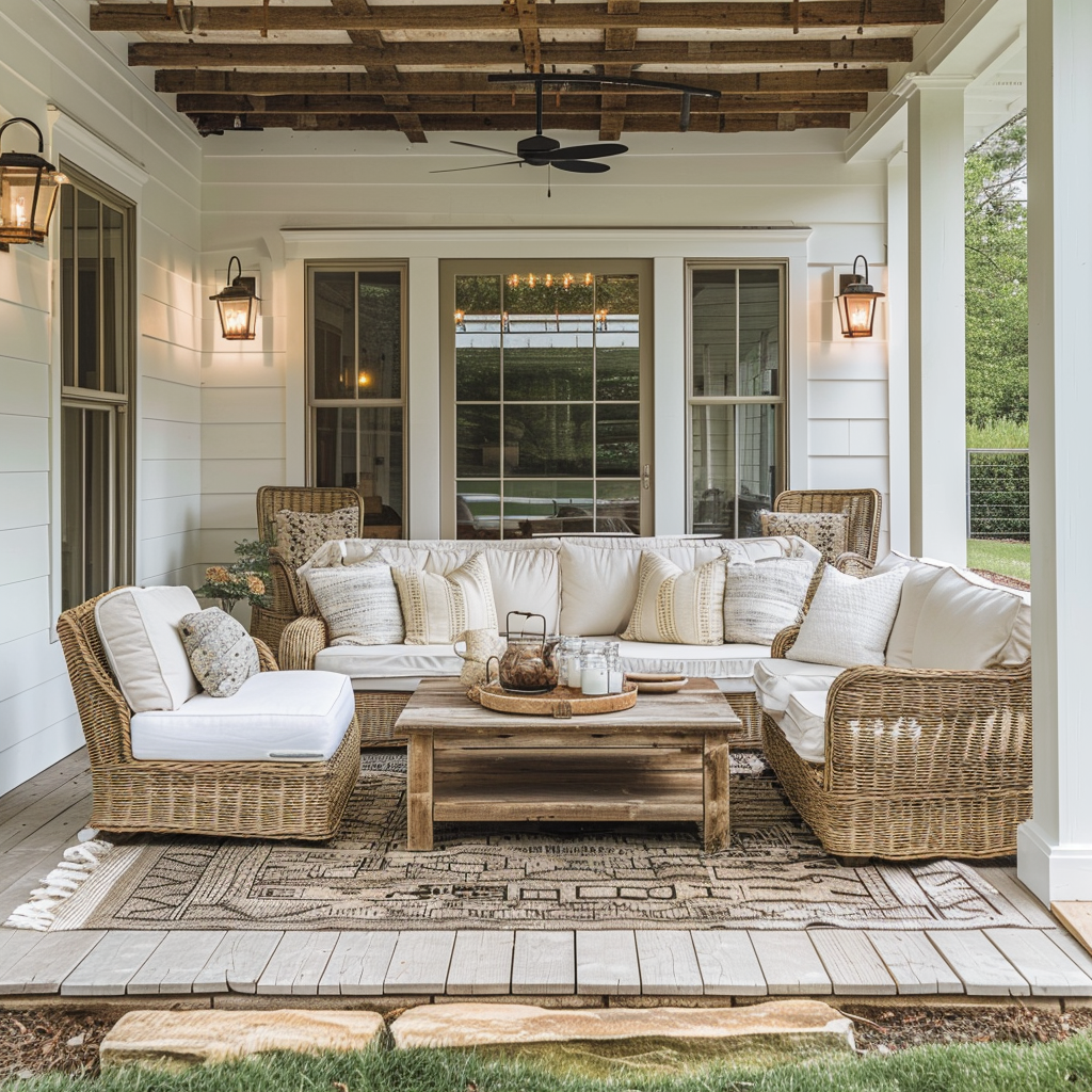 An outdoor living room with rustic charm and farmhouse flair, featuring earthy tones, distressed wood furniture, a stone fireplace, and lush greenery.