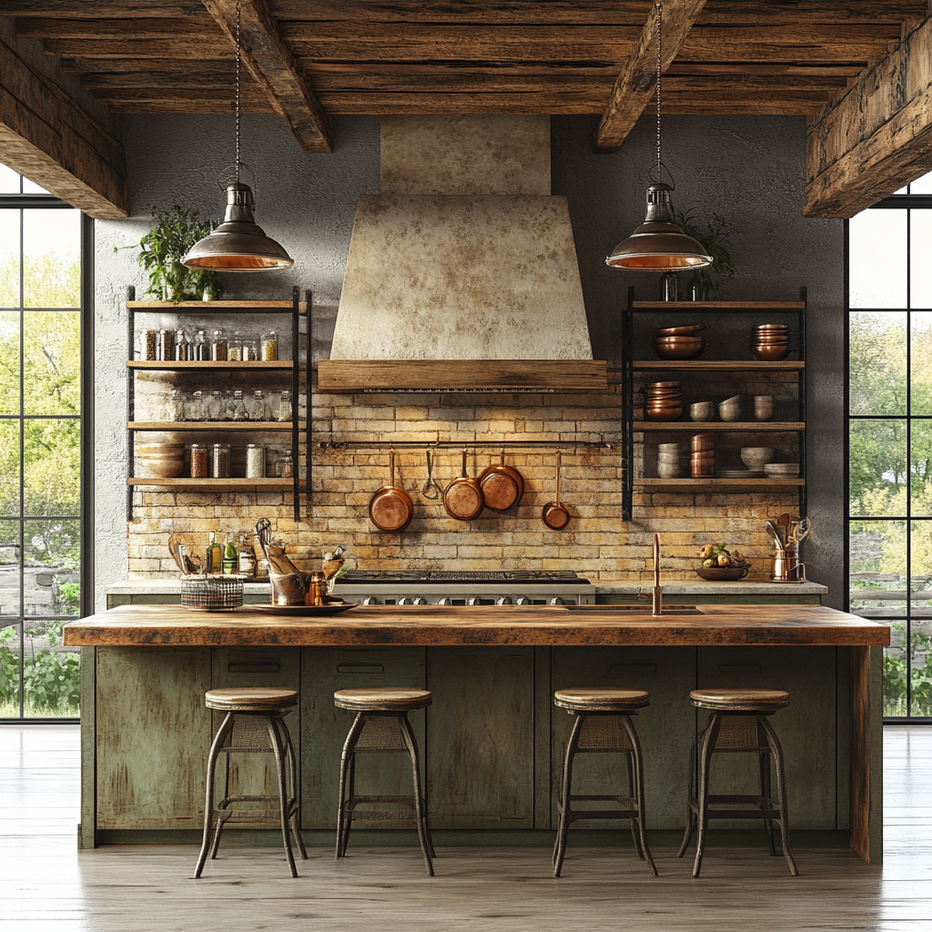 Photorealistic 8K image of a rustic-chic kitchen with reclaimed wood island, custom cabinetry, and stone range hood. Natural light illuminates the room through large windows.