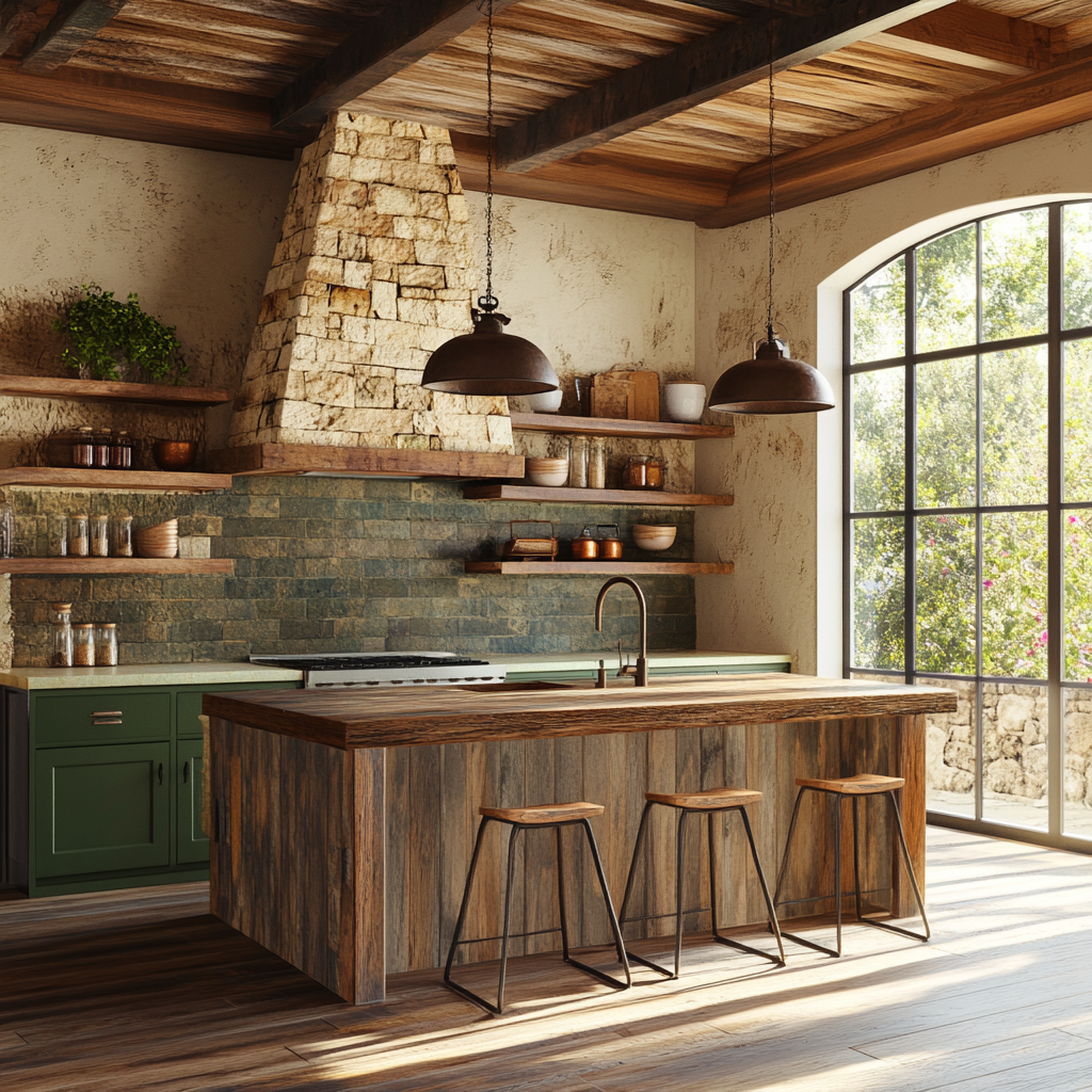 Photorealistic rustic-chic kitchen with a reclaimed wood island, custom distressed cabinetry, open shelving, stone backsplash, mullioned windows, and warm LED lights. Features include a vintage cast iron pot rack with copper cookware and a stone range hood above a professional-grade stove.