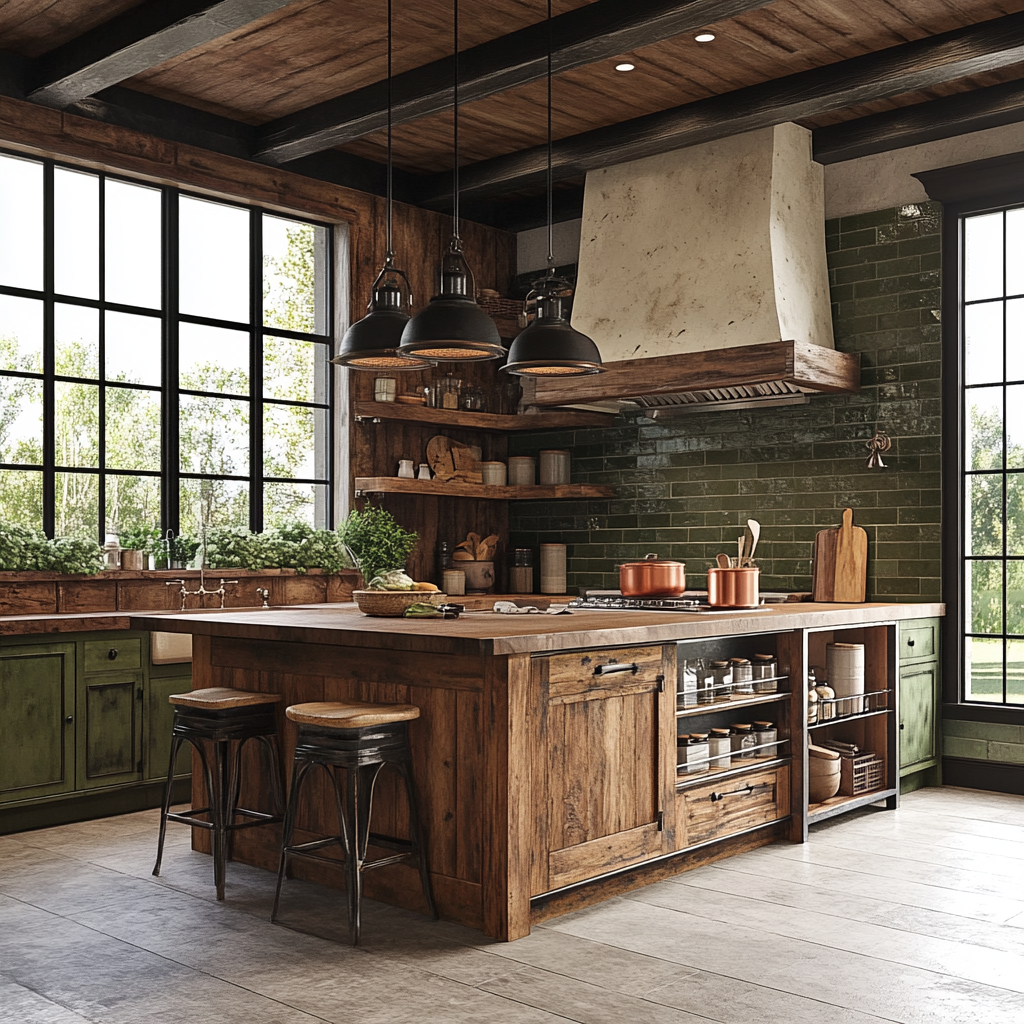 Photorealistic image of a rustic-chic kitchen with a central reclaimed wood island, custom distressed cabinetry, open shelving, natural stone backsplash, large mullioned windows, and a majestic stone range hood above a professional-grade stove. Vintage cast iron hanging pot rack with copper cookware is also featured.