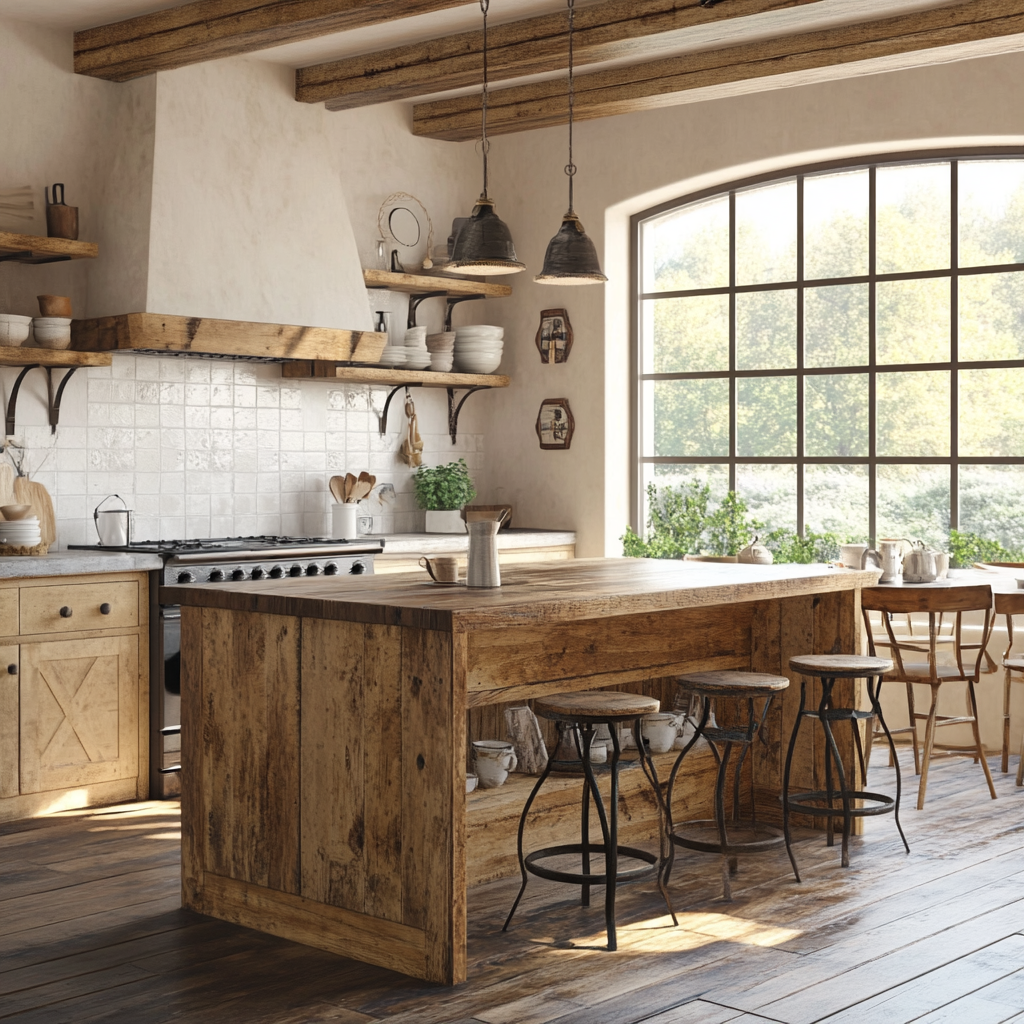 A rustic-chic kitchen featuring a handmade wooden island made from reclaimed barn wood, surrounded by cushioned barstools with wrought iron legs. The kitchen has a neutral color palette with accents of sage green and sunflower yellow. Open shelving displays unique DIY painted ceramic knobs. A farmhouse-style dining table is placed near a sunlit window. Vintage pendant lamps and recessed lights provide warm lighting. Textures include smooth ceramics, rough wood, and woven fabrics. An antique cast iron stove repurposed for storage acts as a unique focal point.