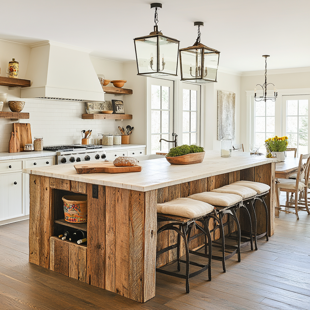 A photorealistic 8K image of a rustic-chic kitchen featuring a handmade wooden island crafted from reclaimed barn wood, surrounded by cushioned barstools with wrought iron legs. The color palette includes neutral creams, soft whites, sage green, and sunflower yellow. Open shelving displays painted ceramic knobs, and an antique cast iron stove is repurposed for storage. Natural light floods the room, enhancing its cozy, inviting ambiance.